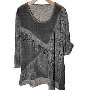 Artisan Patchwork Lace Fringe Tunic Top Grey Sheer Mesh S/M